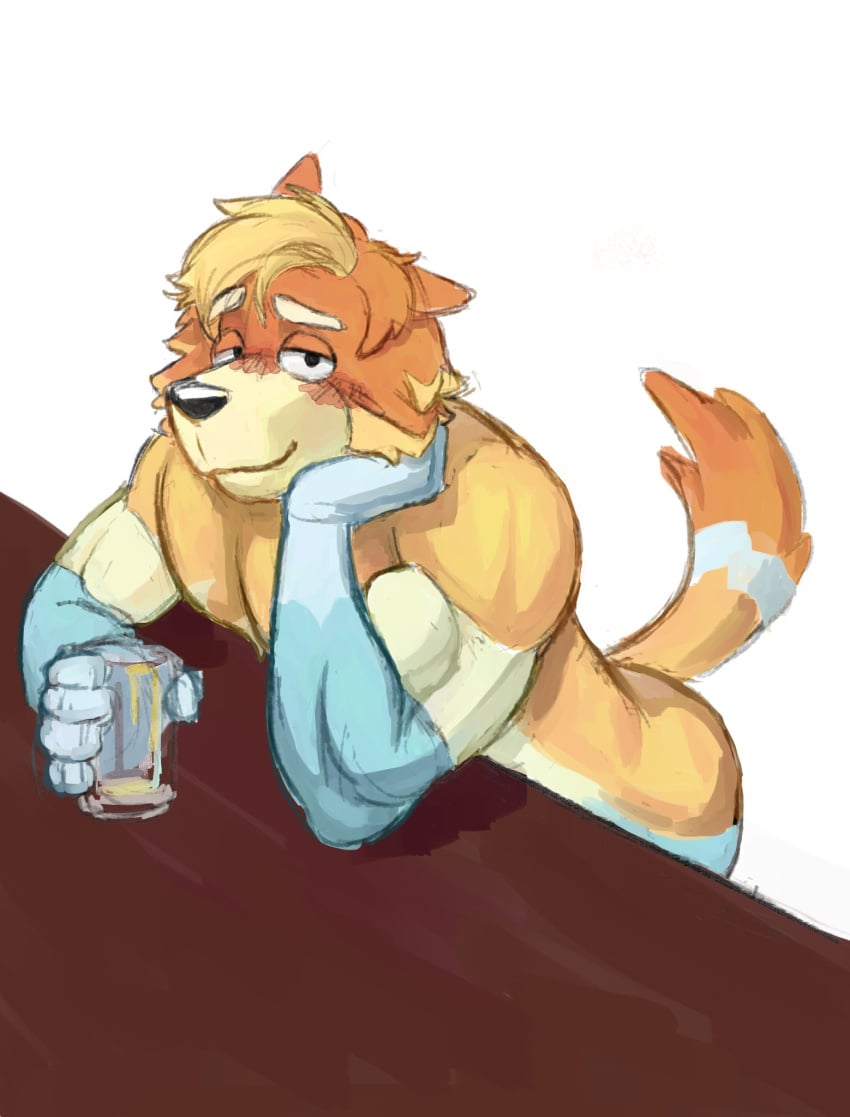 abs arms_on_table australian_cattle_dog bara barazoku beverage black_eyes blue_body bluey_(series) blush blush_lines canid canine canis cup dog_tail domestic_dog drink elbow_on_table glass_cup hair_tuft hand_on_cheek head_on_hand holding_glass_cup hugo92_official looking_at_viewer mammal muscles muscular muscular_male orange_body radley_heeler seductive solo solo_male table white_background