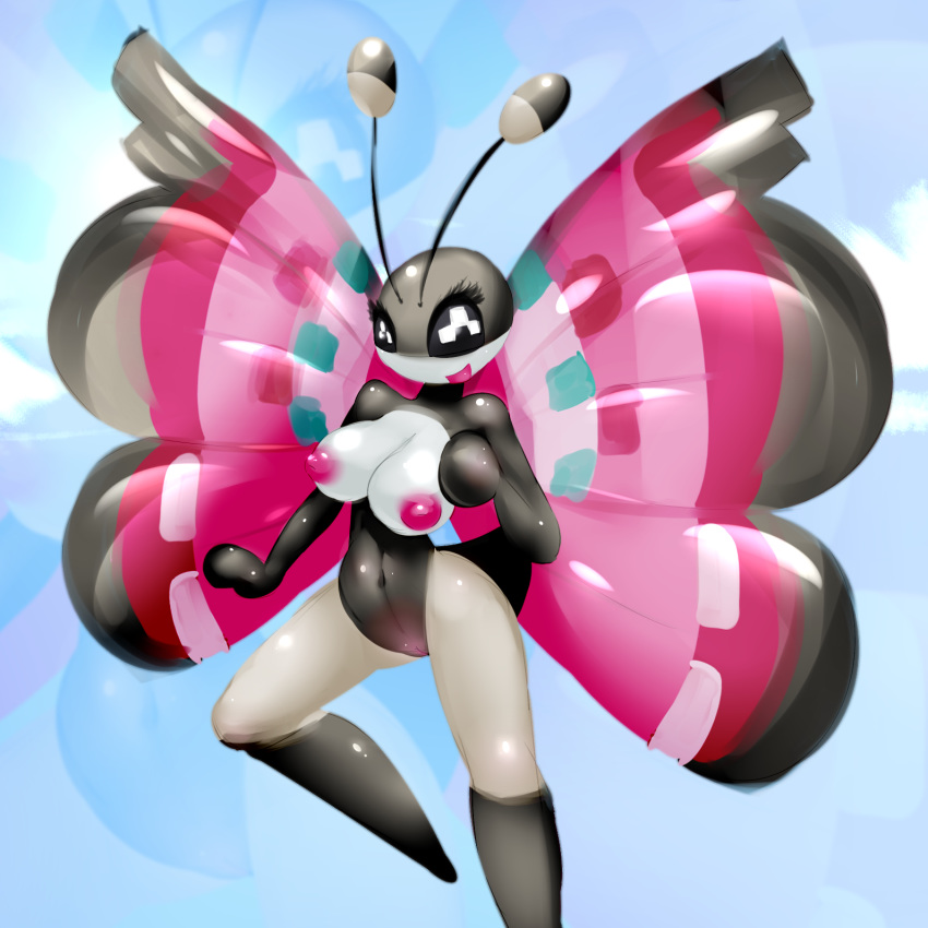 2013 antennae anthro black_eyes blush breasts butterfly butterfly_wings cloud clouds elpatrixf flying insect navel nintendo nipples open_mouth pokemon pokemon_xy pussy sky smile tongue vivillon wide_hips wings