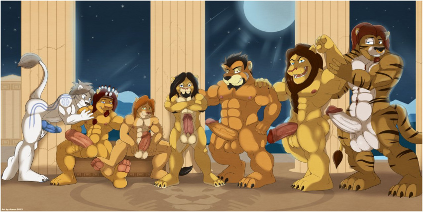 2013 aaron_(artist) anthro astro balls blush canine emir erection feline furry gay group king liger lion male marxeen musclegut muscles no_humans penis pose royalty sack teasing tiger toes wolf