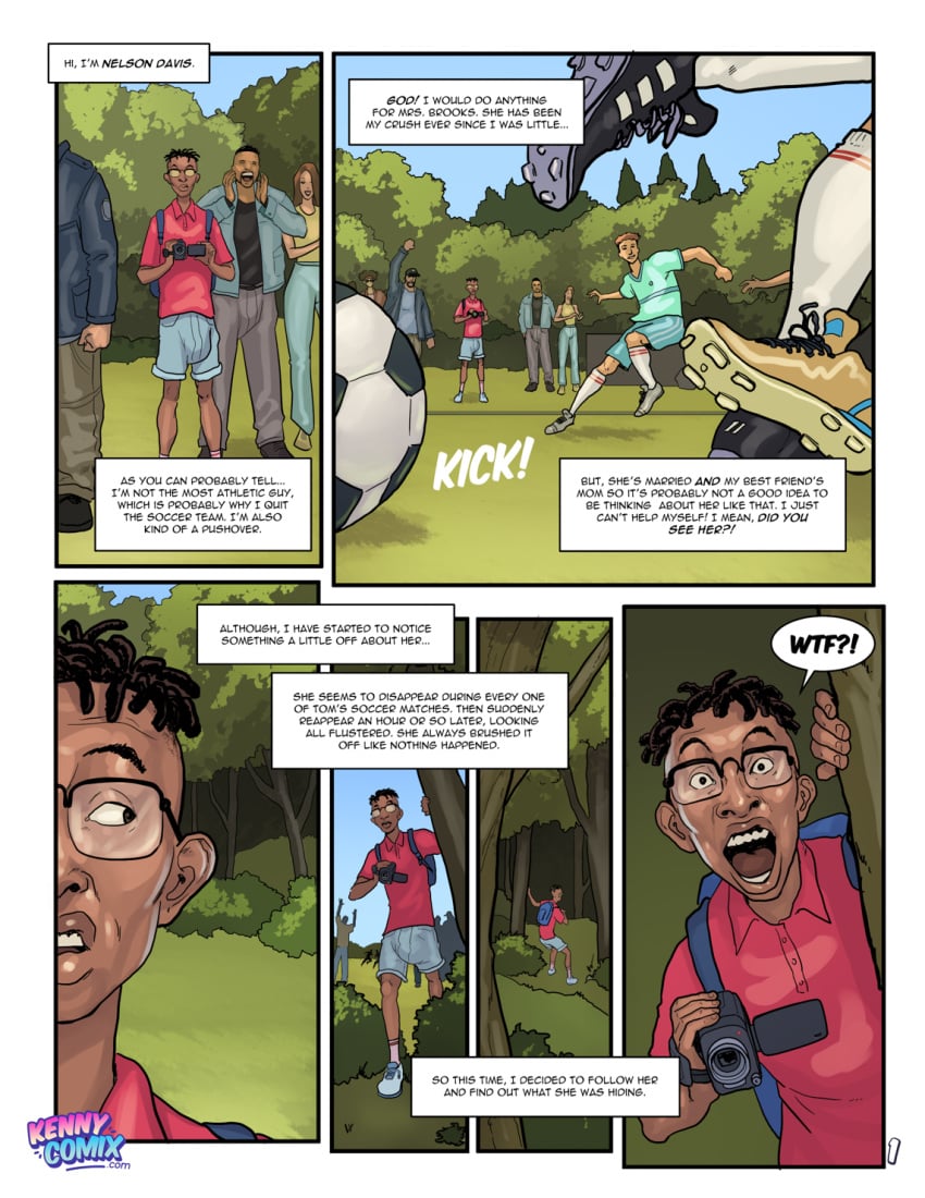 blonde_hair comic dark-skinned_male dark_skin dialogue english_text interracial kennycomix light-skinned_female light_skin male milf my_friend's_hot_soccer_mom_(comic) nelson_davis older_female page_1 page_number soccer soccer_ball soccer_shoes soccer_uniform speech_bubble stacy_brooks tagme text voyeur voyeurism yair younger_male