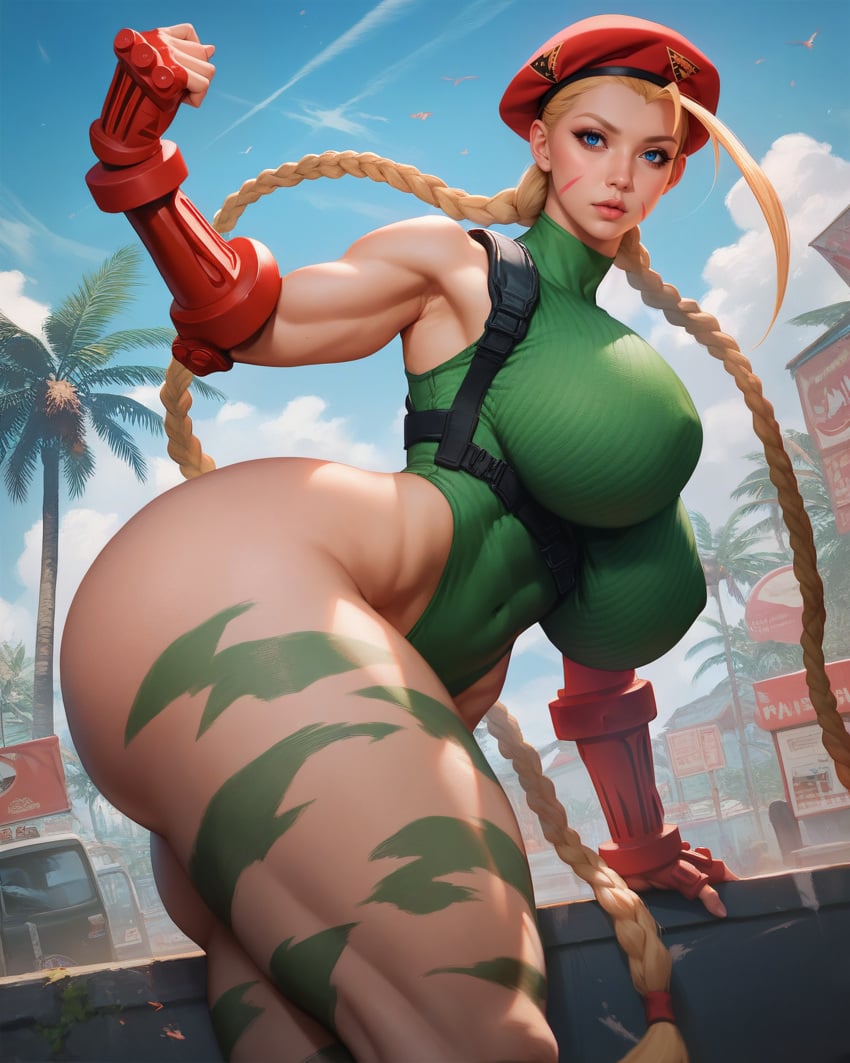 1girls ai_generated big_ass big_breasts blonde_hair blue_eyes braided_hair braided_ponytail bubble_ass bubble_butt c18aiart cammy_white capcom eyes female female_only hat huge_breasts large_ass light-skinned_female light_skin muscular_arms outside patreon_exclusive pawg scar street_fighter tattoos thick_ass thick_thighs voluptuous voluptuous_female