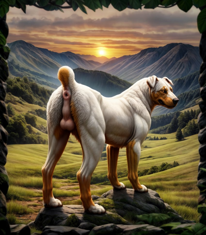 ai_generated anus ass balls blp brown_body brown_fur canid canine canis detailed detailed_background detailed_fur domestic_dog feral field floppy_ears fur genitals grass hi_res landscape looking_at_viewer looking_back looking_back_at_viewer male mammal mastiff molosser mountains multicolored_body multicolored_fur orange_eyes outside perineum pink_anus plant presenting presenting_hindquarters puffy_anus rock rottweiler short_fur short_tail solo standing sunrise tree white_body white_fur