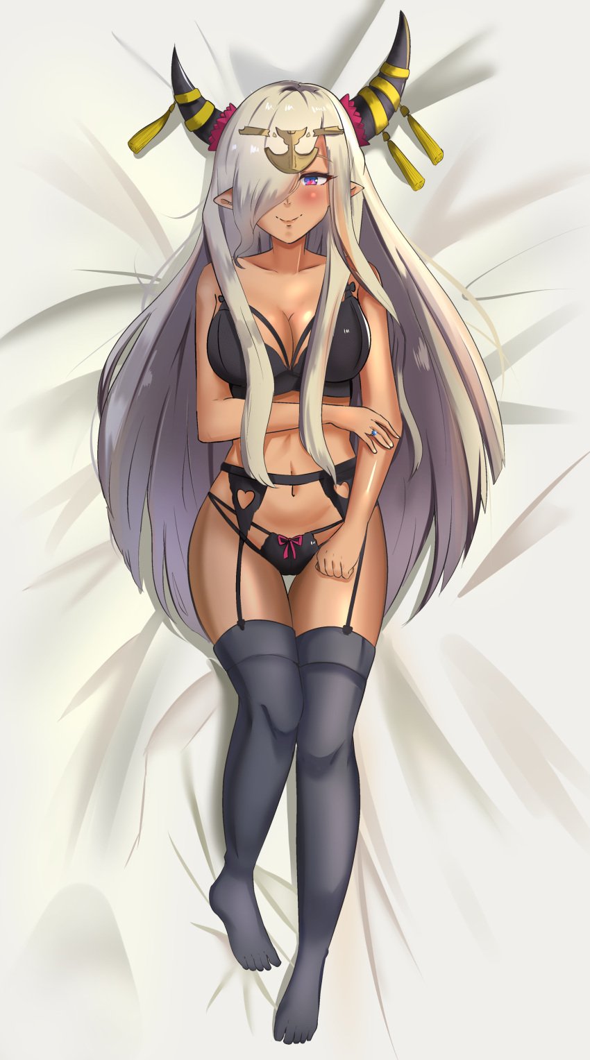 1girls bare_thighs bed_sheet black_bra black_panties bra breasts cleavage dakimakura dark-skinned_female dark_skin female female_only fire_emblem fire_emblem_engage full_body garter_belt grey_hair hair_over_one_eye horns large_breasts long_hair looking_at_viewer nintendo on_back panties purple_eyes red_eyes solo thighhighs thighs underwear very_long_hair zelestia_(fire_emblem) zipperqr