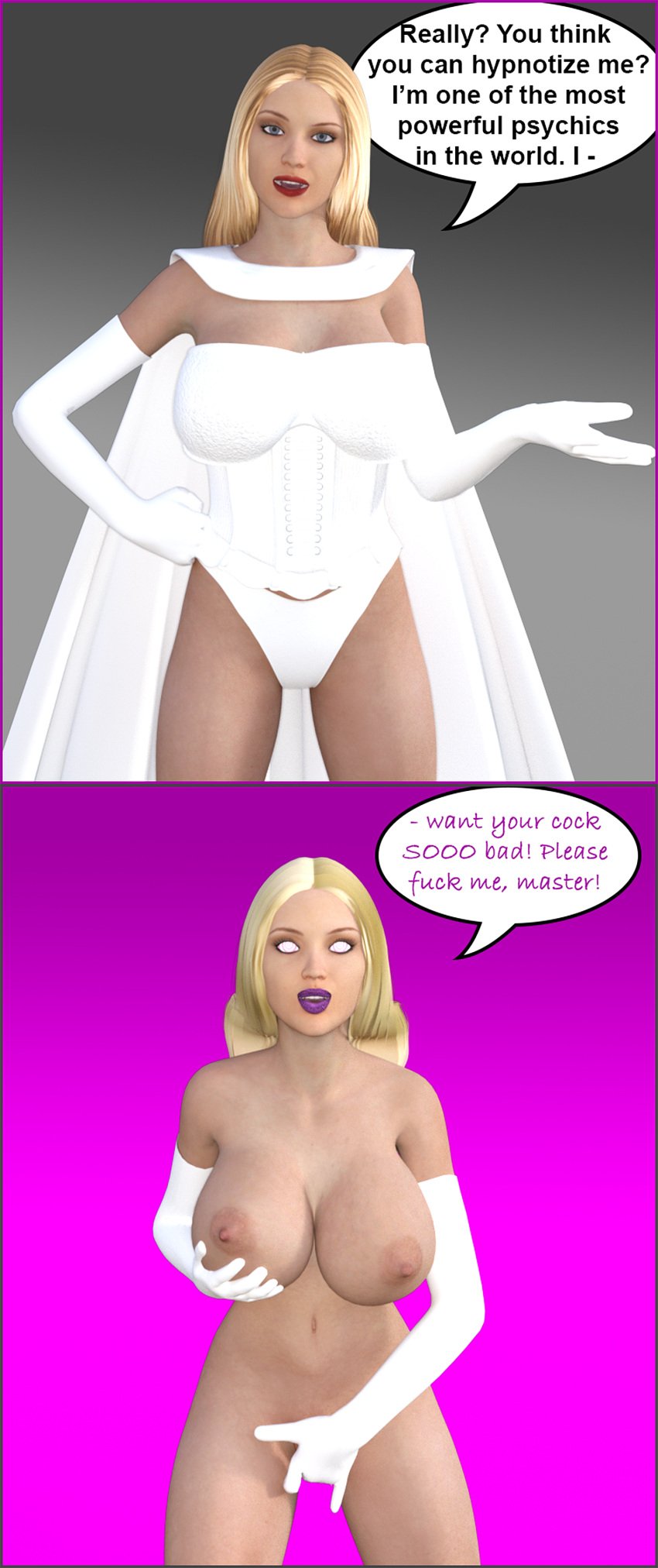 3d absurdres before_and_after bimbofication blonde_hair bottomless brain_drain breasts cape comic dialogue emma_frost female female_masturbation female_only femsub gloves large_breasts marvel marvel_comics masturbation nude opera_gloves spiral_eyes super_hero symbol_in_eyes text theheckle topless touching_pussy touching_self white_queen x-men