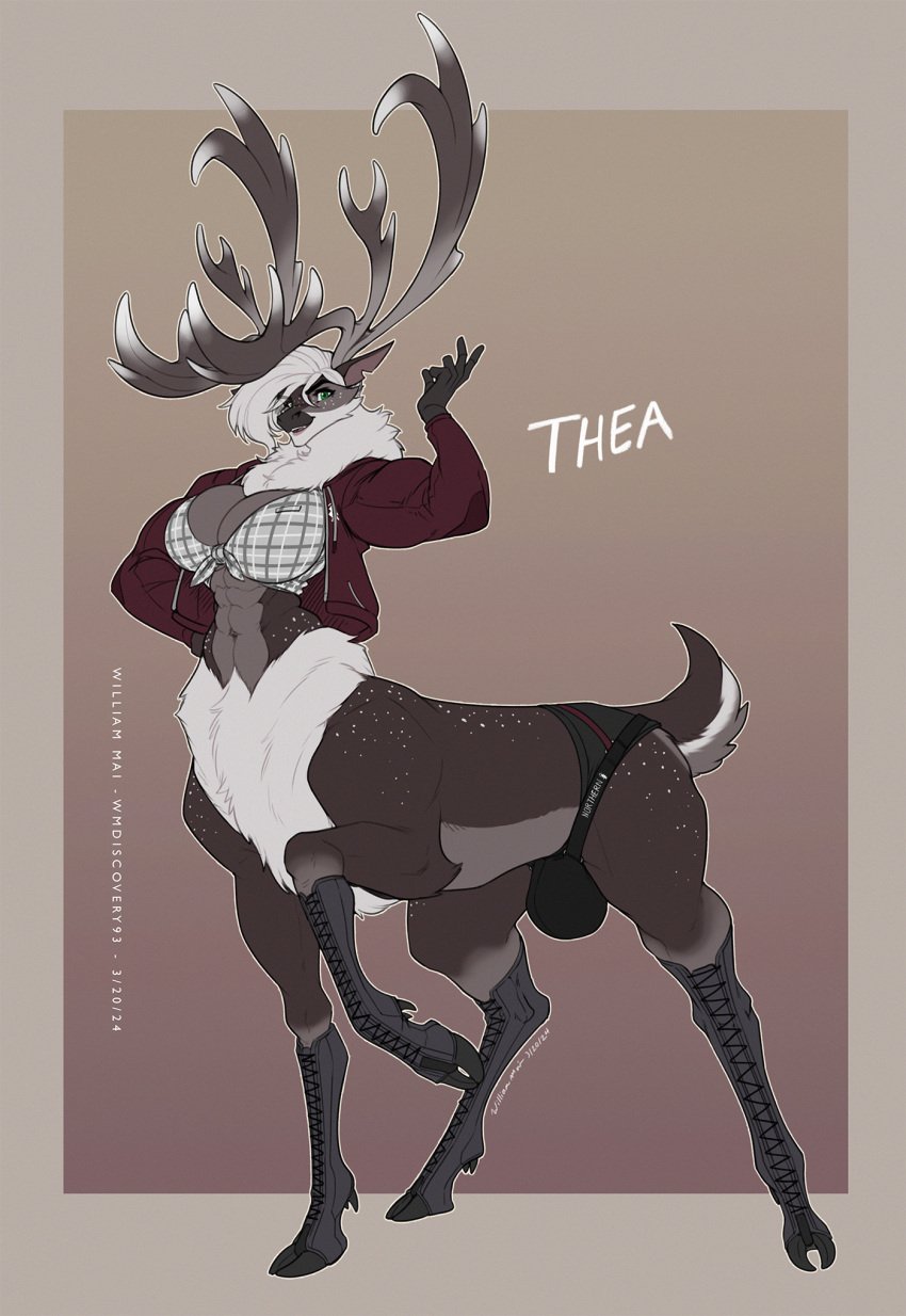 abs anthro antlers breasts bulge centaur cleavage clothed clothing cloven_hooves deer deer_taur digital_media_(artwork) equid equid_taur european_mythology furry greek_mythology gynomorph hi_res hooves horn humanoid_taur intersex jockstrap mammal mammal_taur muscular muscular_gynomorph muscular_intersex mythology new_world_deer new_world_deer_taur reindeer reindeer_taur taur tauric_creature thea_(wmdiscovery93) trans_(lore) trans_woman_(lore) underwear wmdiscovery93