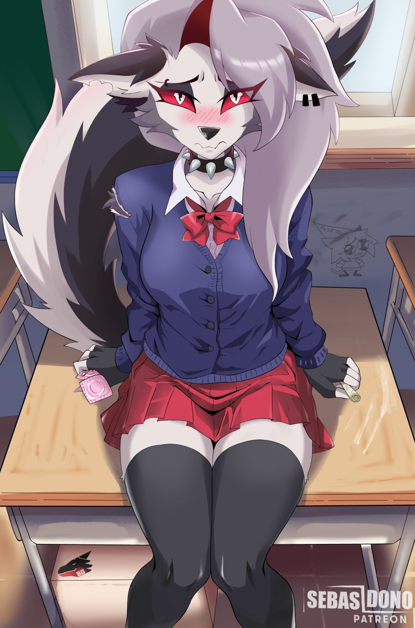 big_breasts blush blushing_at_viewer breasts canine clitoris condom dog_ears female furry gray_hair helluva_boss knees_together_feet_apart looking_at_viewer loona_(helluva_boss) on_desk ripped_clothing sebasdono shy skirt solo solo_female stockings white_fur