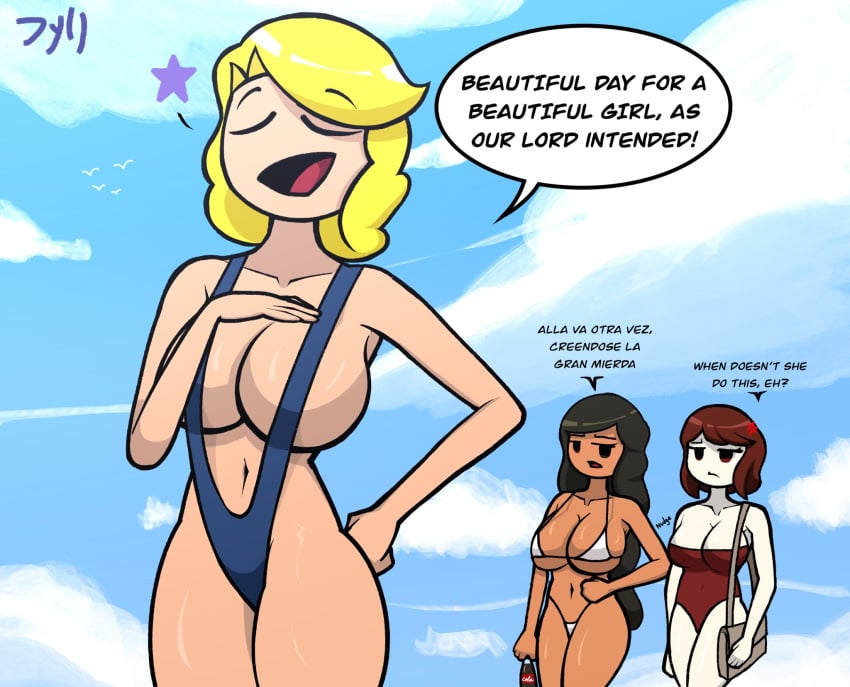 2023 3girls america_(egobuzz) assertive_female belly belly_button bikini bikini_bottom bikini_top canada_(countryhumans) canada_(egobuzz) cleavage closed_eyes countryhumans countryhumans_girl dyllzone egobuzz grumpy handbag long_hair mexico mexico_(countryhumans) mexico_(egobuzz) multiple_girls short_hair signature spanish_text standing sunscreen swimsuit talking_to_another tanned tanned_skin text thighs united_states_of_america united_states_of_america_(countryhumans)