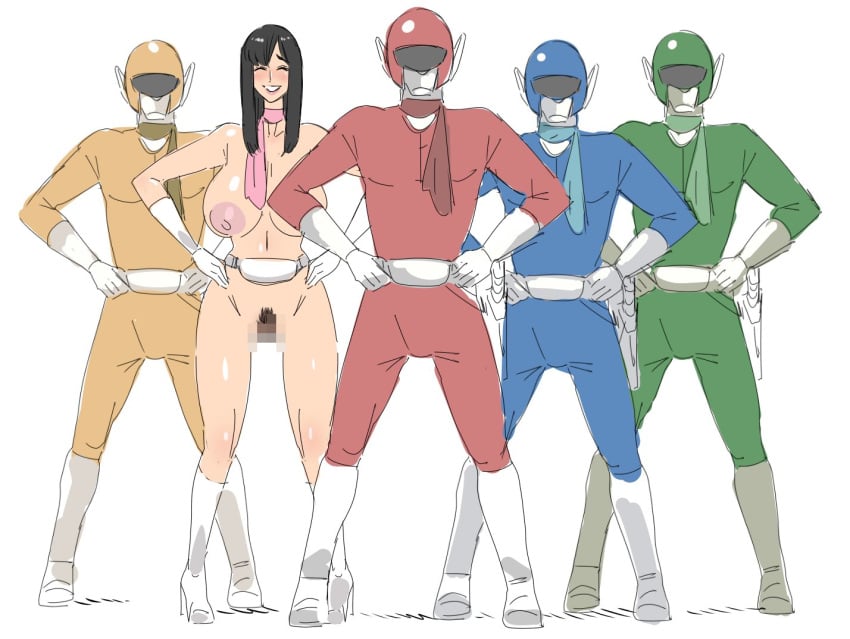 1girls 4boys areola areolae bangs belt black_hair blue_ranger blush boots breasts character_request copyright_request female_focus female_pubic_hair green_ranger hands_on_hips helmet kandenki large_areolae large_breasts masked nipples nudity parody parody_porn partially_clothed partially_nude pink_areola pink_nipples pink_ranger pink_scarf power_rangers pubes pubic_hair red_ranger scarf smile solo_focus super_sentai superhero superheroine white_background white_belt yellow_ranger