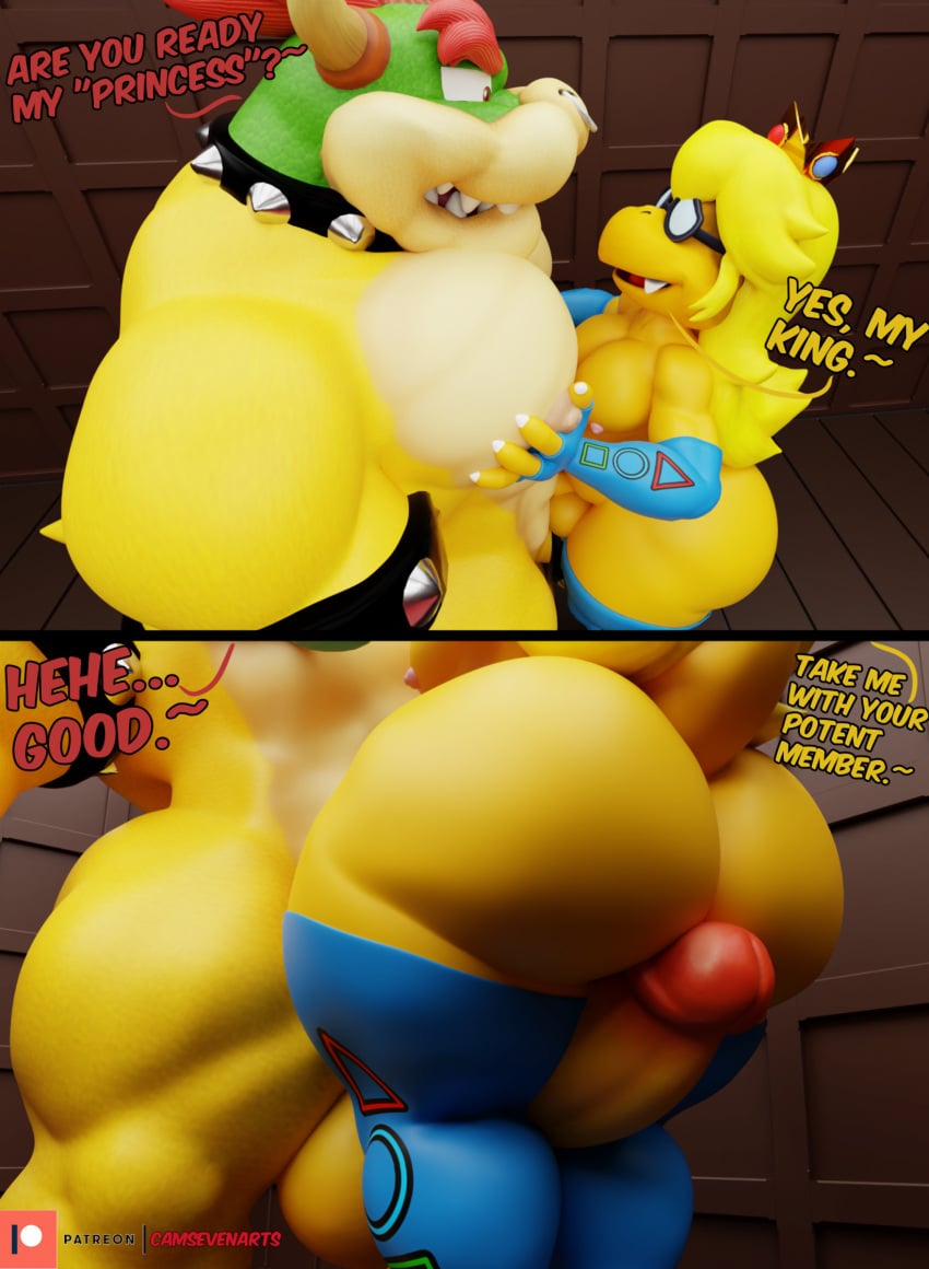 3d anthro ass balls big_butt big_penis bowser camseven comic dialogue duo gay genitals hi_res kamek koopa male male/male mario_(series) nintendo penis princess_kamek princess_peach_(cosplay) scalie size_difference super_mario_bros._(2023_film)