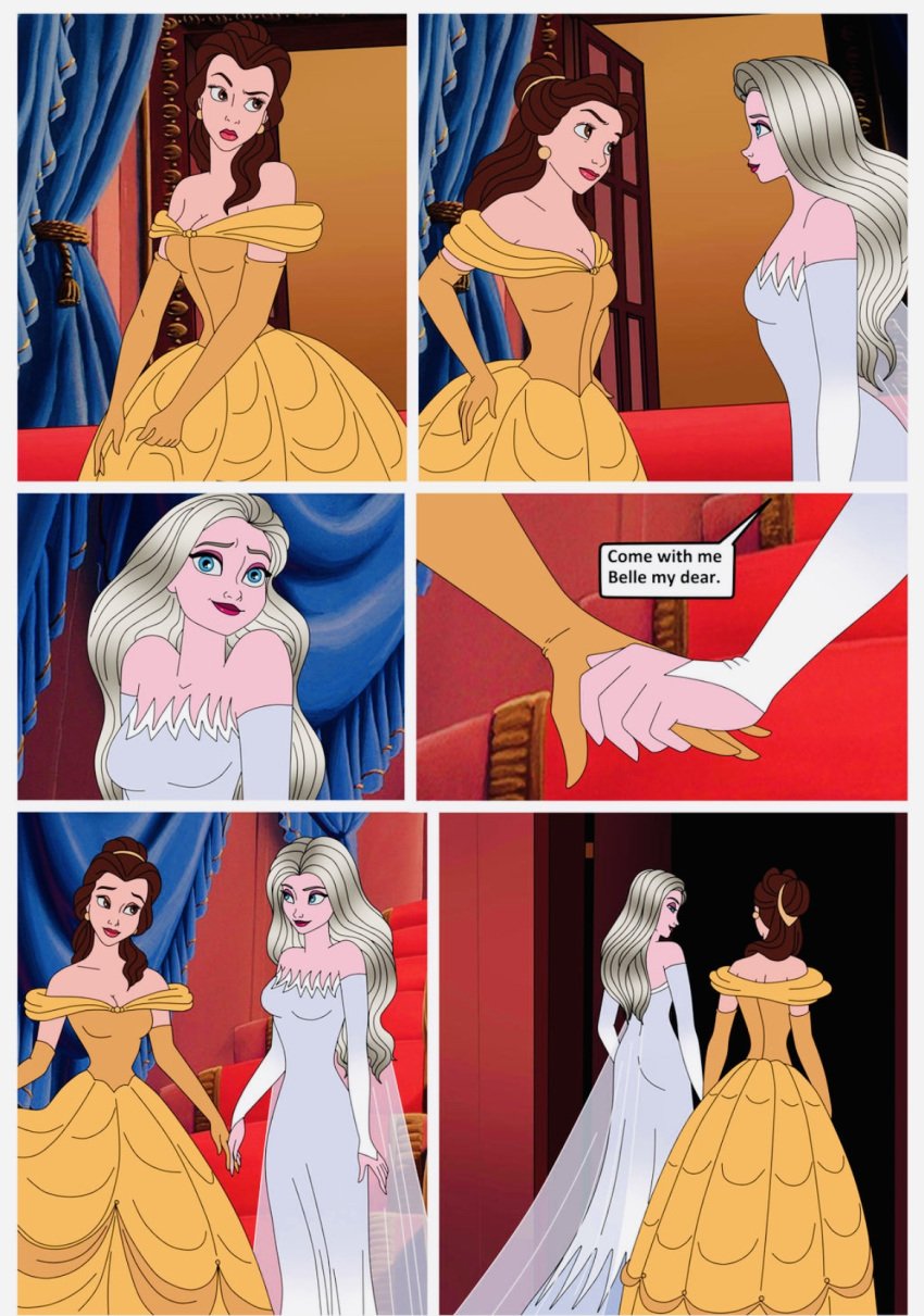 beauty_and_the_beast belle comic disney disney_princess elsa_(frozen) female froze frozen_(film) hand_hold serisabibi