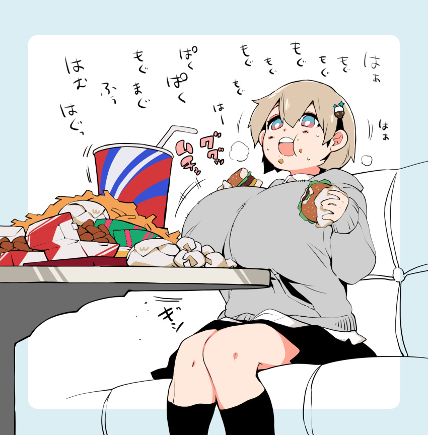 breast_expansion burger chewing cola eating eating_food food french_fries fries gigantic_breasts growth_sequence hoodie hyper_breasts japanese_text kneesocks light_brown_hair mcdonald's munching nugget sequence short_hair skirt text