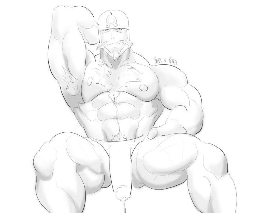 archie_(pokemon) armpit_hair balls bara beard bulge chest_hair facial_hair flaccid hand_behind_head headkerchief male male_only monochrome muscles muscular nintendo penis phosbara pokemon sitting solo solo_male team_aqua