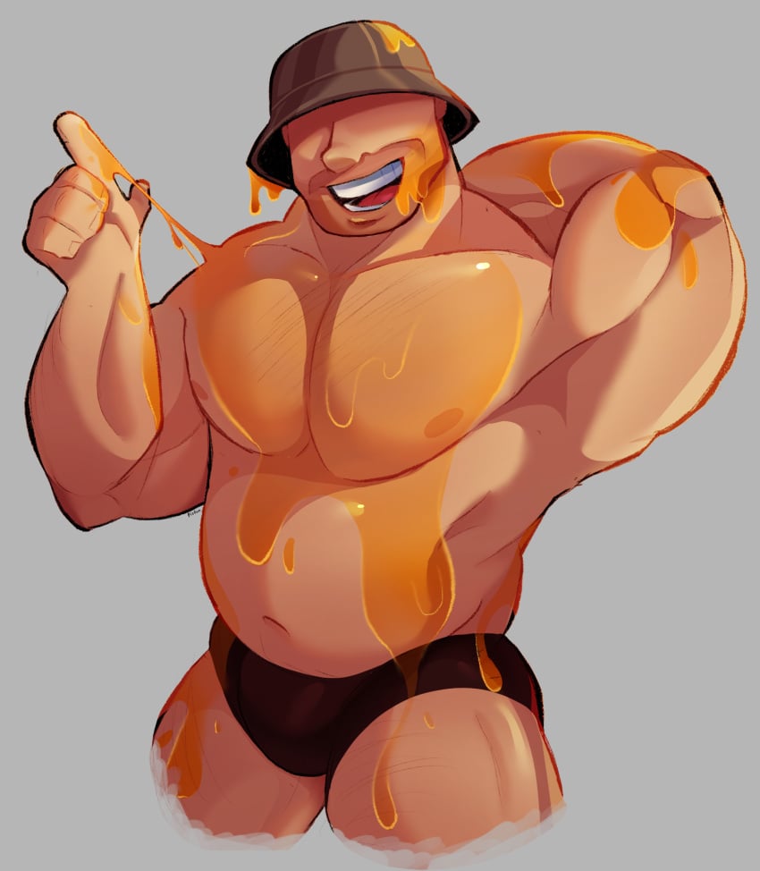 almost_naked bara belly big_belly big_thighs bulge flexing highres honey looking_at_viewer male male_only musclegut muscular muscular_male pectorals simple_background smiling_at_viewer soldier_(team_fortress_2) solo_male team_fortress_2 tf2 underwear