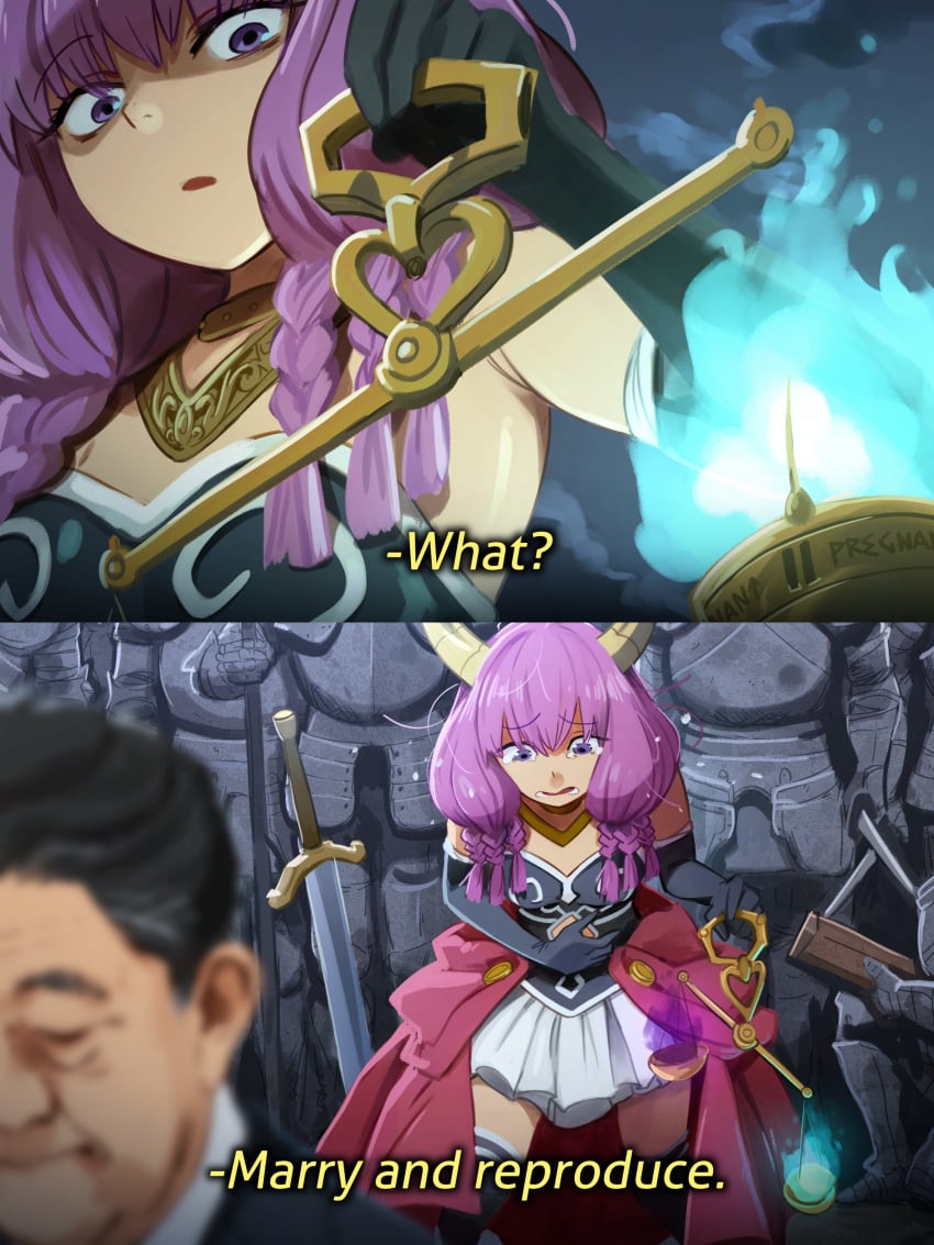 1girls armor armored_female aura_(sousou_no_frieren) dialogue elbow_gloves english_text female frieren_beyond_journey's_end funny gloves horn horns impregnation_request khyleri knight long_gloves meme purple_hair shinzo_abe skirt sousou_no_frieren