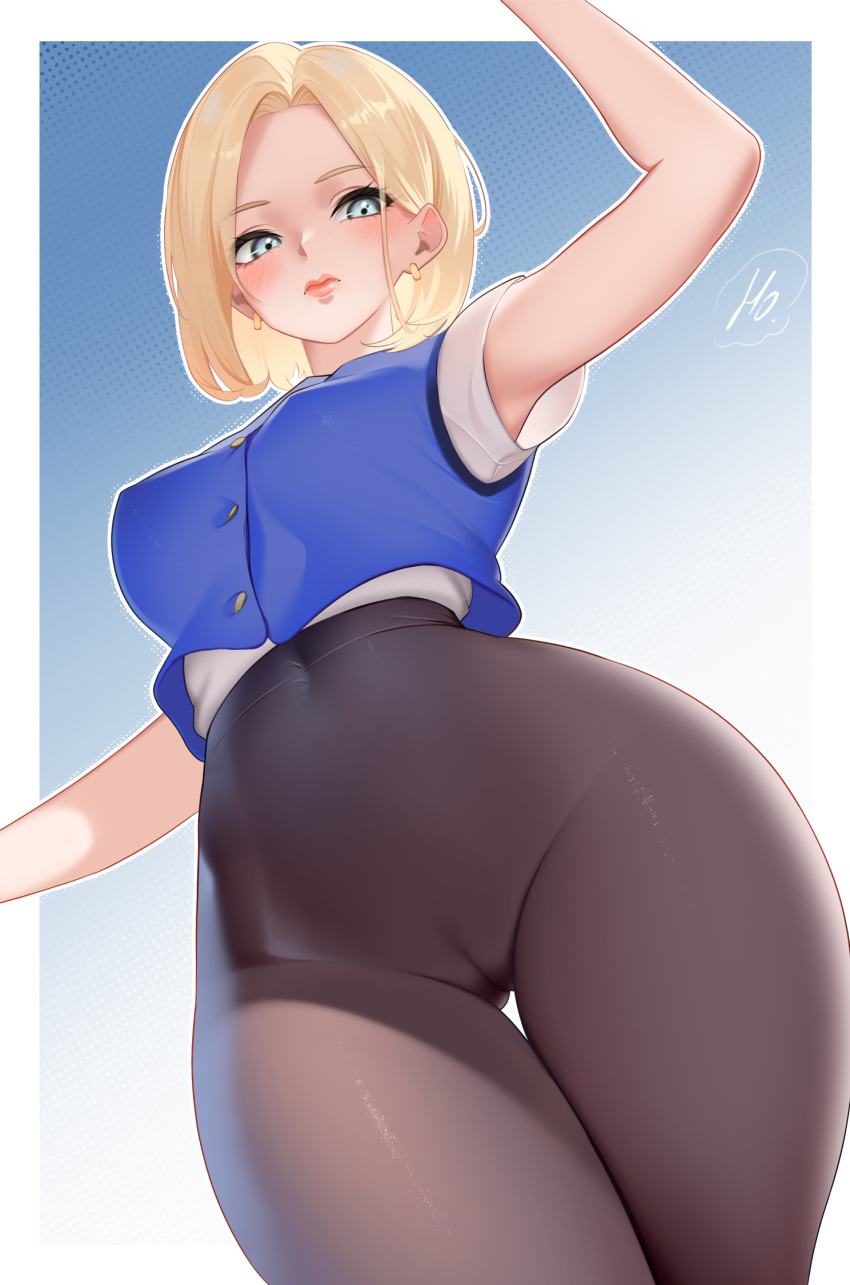 1girls android_18 bare_arms bare_shoulders big_breasts blonde_hair blue_eyes blush clothed clothing color dragon_ball dragon_ball_z female female_focus female_only hi_res ho70994095 large_breasts light-skinned_female light_skin looking_at_viewer pussy_visible_through_clothes short_hair solo solo_female tagme thick_thighs