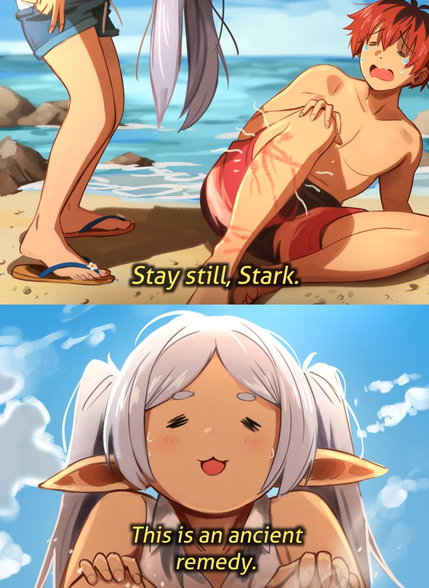 1boy 1female 1girls 1male beach beach_background elf elf_ears elf_female elf_girl female flip_flops frieren frieren_beyond_journey's_end funny imminent_peeing jellyfish khyleri male meme peeing peeing_on_another pissed_on pointy_ears sandals shorts sousou_no_frieren stark_(sousou_no_frieren) twintails twintails_(hairstyle) urine urine_drip urine_splatter