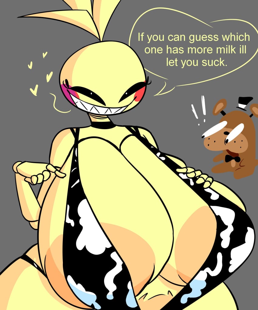 ass_bigger_than_head bikini breasts_bigger_than_head casual casual_nudity cheeze_burgr cow_bikini feddy female female_only five_nights_at_freddy's freddy_(fnaf) huge_ass huge_breasts inner_sideboob meme robot robot_girl sideass sideboob sling_bikini teasing toy_chica_(fnaf)