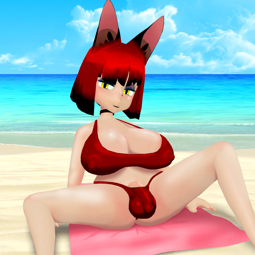 1futa animal_ears balls bangs beach beach_towel big_balls big_bulge bikini bob_cut breasts choker clothed clothing erected_nipples flaccid futa_only futanari huge_breasts huge_nipples humanoid humanoid_penis kemonomimi light-skinned_futanari light_skin lisa_red looking_at_viewer lying_on_ground massive_breasts mostly_nude nipples_bulge penis red_bikini red_bikini_bottom red_bikini_top red_hair saggy_breasts sand sea short_hair sitting soft_penis solo spread_legs sunbathing vrchat yellow_eyes