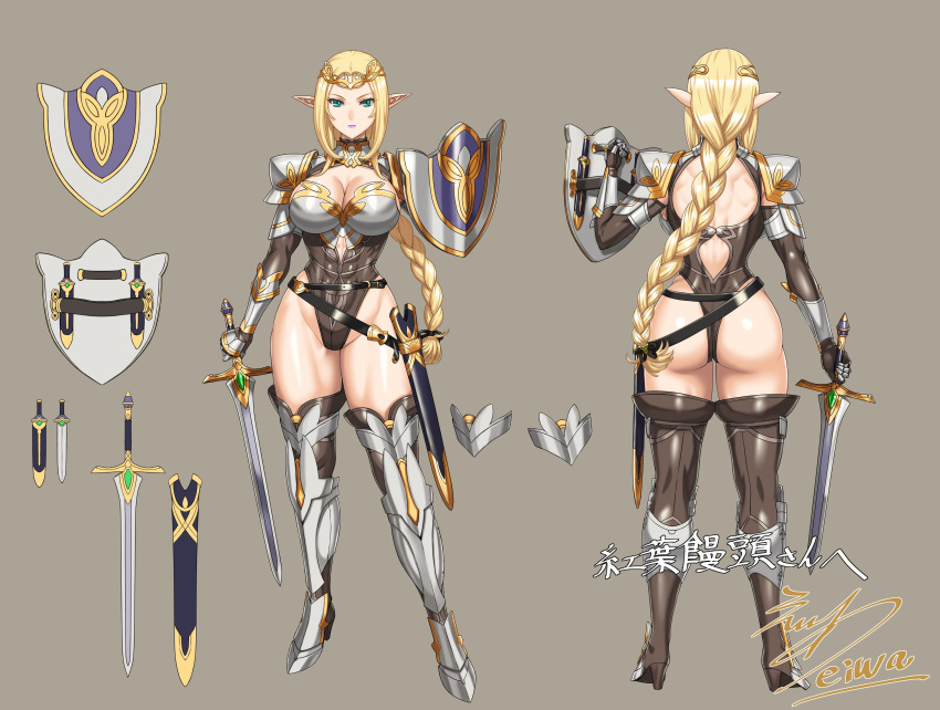 1boy abs athletic_female back_cutout back_muscles back_view barely_contained belt belt_buckle belts big_ass big_breasts big_butt bikini_armor blade blonde_hair boots braid braided_hair braided_ponytail breastplate character_sheet cleavage commission concept_art dagger eiwa elbow_gloves elf elf_female female female_only female_warrior fit_female front_view full_lips fully_clothed gauntlets gloves gold_hair green_eyes high_heel_boots high_heels highres hourglass_figure impractical_armor knife large_breasts leotard light-skinned_female long_hair looking_at_viewer mature_female muscle_tone muscular_back muscular_female muscular_thighs original pointy_ears pose purple_lips purple_lipstick revealing_clothes scabbard shield shin_guards shoulder_armor shoulder_blades skeb_commission skimpy_clothes slim_waist solo solo_female solo_focus someone_else's_oc standing sword thick_thighs thigh_boots thighhighs tiara toned_body toned_female vambraces very_long_hair viola_(dng_5656) warrior weapon wedgie wide_hips