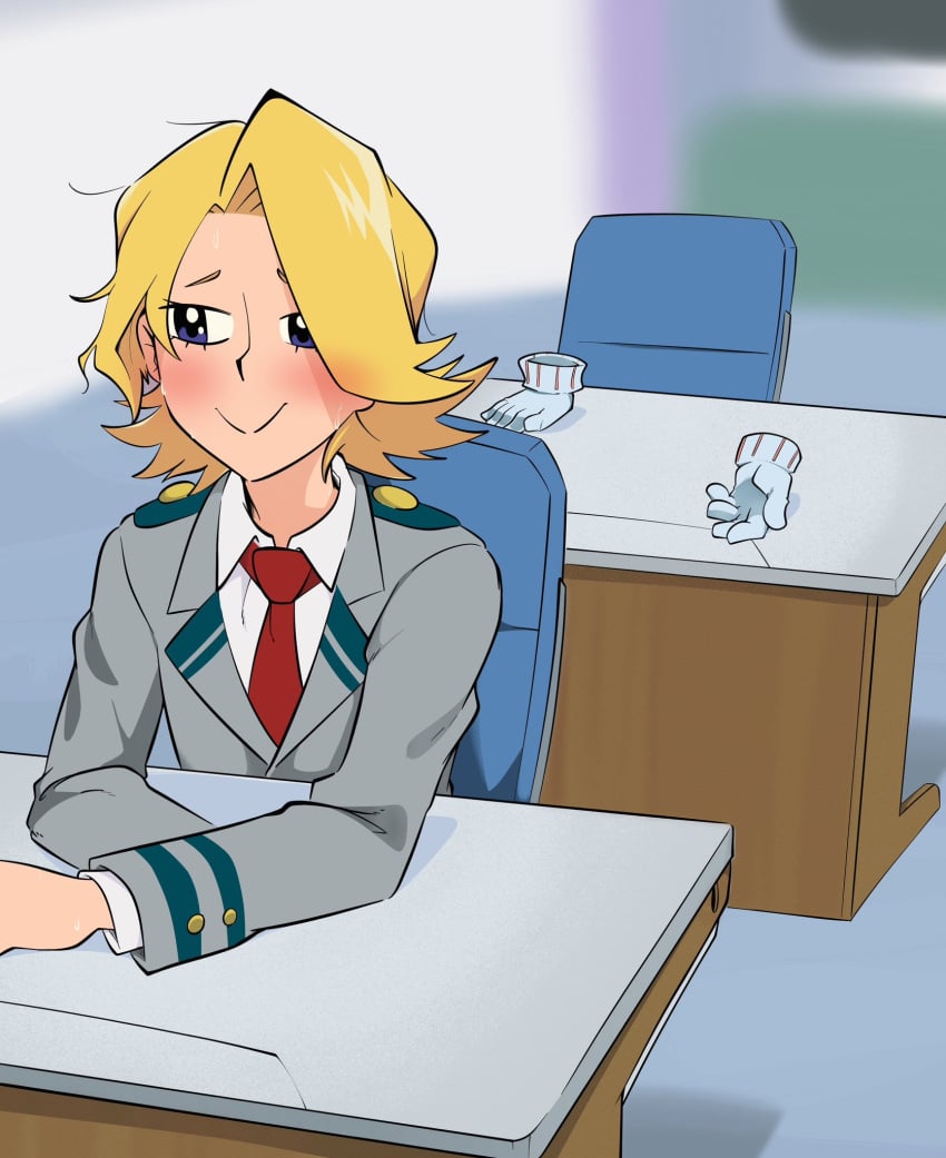 1boy 1girls after_sex aoyama_yuuga background blush female female_only gloves hagakure_tooru hagakure_tooru_(invisible) implied_after_sex invisible_girl joshin my_hero_academia sitting_at_desk smiling solo_focus tooru_hagakure