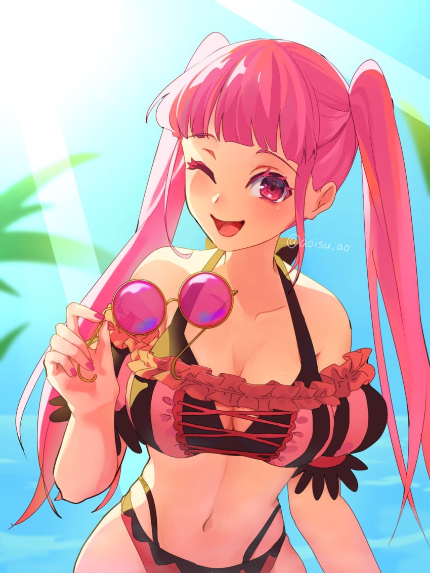 1girl 1girls alternate_costume aoisu_ao bikini blunt_bangs breasts cleavage eyewear_removed female female_only fire_emblem fire_emblem:_three_houses fire_emblem_heroes highres hilda_valentine_goneril hilda_valentine_goneril_(summer) holding holding_removed_eyewear large_breasts long_hair looking_at_viewer nail_polish navel nintendo official_alternate_costume one_eye_closed open_mouth outdoors painted_nails pink-tinted_eyewear pink_bikini pink_eyes pink_hair pink_nails pink_swimsuit round_eyewear smile solo stomach sunglasses sunglasses_removed sunlight swimsuit tinted_eyewear twintails twitter_username unworn_eyewear wink winking_at_viewer