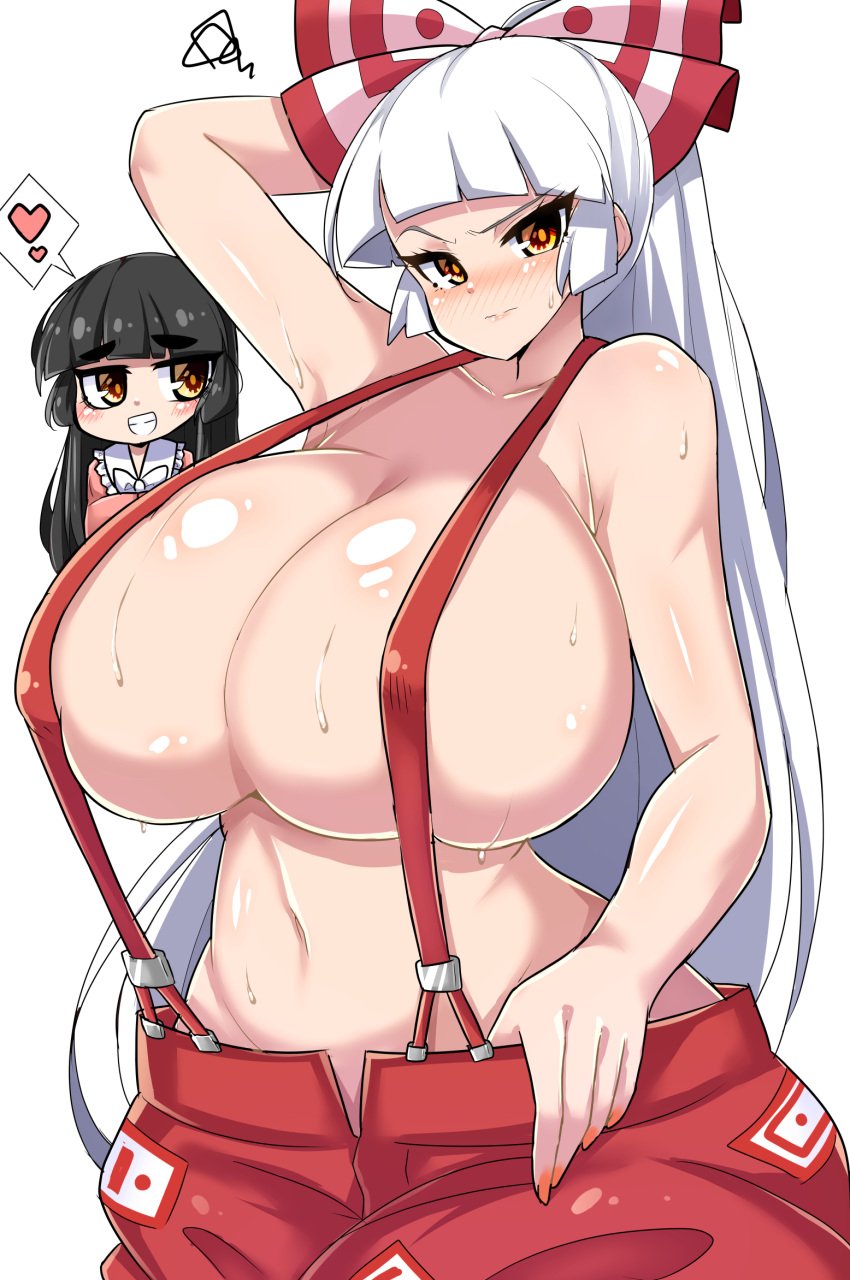 barely_clothed big_breasts black_hair breasts clothed clothed_female embarrassed fujiwara_no_mokou fully_clothed hime_cut irisuryuseityou kaguya_houraisan light-skinned_female light_skin norori overalls_only touhou touhou_project white_hair