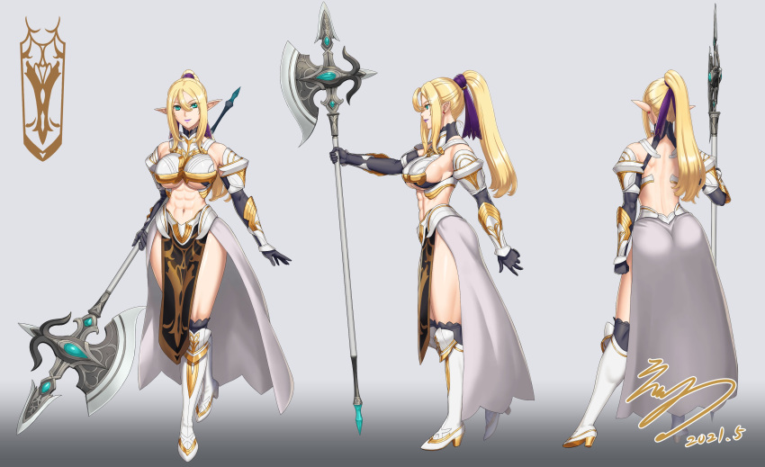 1girls abs alternate_costume alternate_version_available armor artist_signature athletic_female axe back_view belly belly_button big_ass big_breasts big_butt bikini_armor blonde_hair boots character_sheet child_bearing_hips cocked_hip commission concept_art eiwa elbow_gloves elf elf_ears elf_female exposed_belly eyebrows_visible_through_hair fit_female front_view full_lips gloves gold_hair green_eyes hair hair_between_eyes hair_ribbon halberd high_heel_boots high_heels highres hourglass_figure impractical_armor large_breasts light-skinned_female long_hair looking_at_viewer mature_female monochrome_background muscle_tone muscular_back muscular_female navel nipple_bulge original pointy_ears polearm ponytail pose purple_hairband purple_lips purple_lipstick purple_ribbon revealing_clothes ribbon scantily_clad shoulder_armor side_view skeb_commission skirt slim_waist smile solo solo_female solo_focus someone_else's_oc standing thick_thighs toned toned_body toned_female underboob underboob_cutout vambraces variant variant_set viola_(dng_5656) weapon white_boots white_legwear white_skirt wide_hips