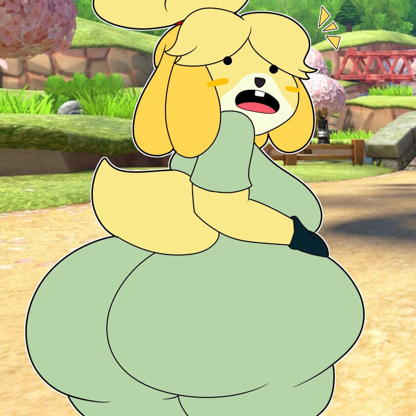 animal_crossing ass_focus backboob bodysuit casual clothed female female_only huge_ass huge_breasts isabelle_(animal_crossing) mario_(series) mario_kart nintendo public teaset_haliley