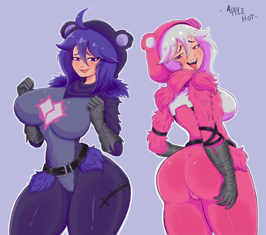 2girls applehot bear_costume big_ass bodysuit boosette booty cameltoe commission crossover crossover_cosplay duo female female_only fortnite hex_maniac large_breasts mario_(series) nintendo pink_clothing pokemon purple_clothing purple_hair raven_team_leader_(cosplay) sharp_teeth short_hair skin_tight tagme thick_thighs white_hair white_outline