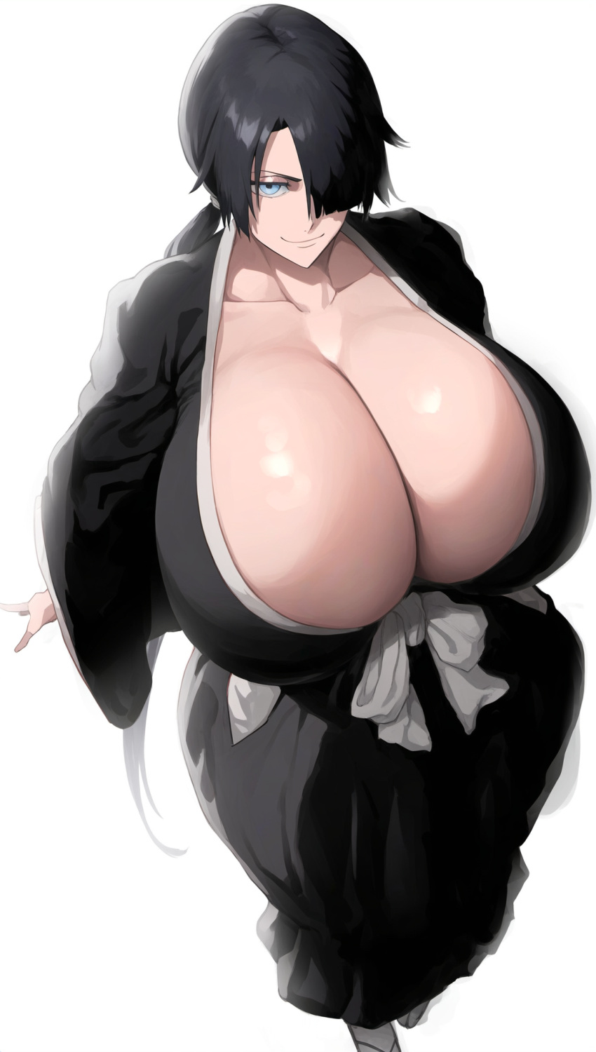 1girls 2d ai_assisted ai_generated alternate_breast_size big_breasts black_hair bleach blue_eyes breasts breasts_bigger_than_head cleavage curvaceous curvaceous_body curvaceous_female curvaceous_figure curvy curvy_body curvy_female curvy_figure facing_viewer female hair_over_one_eye hips hourglass_figure huge_breasts inspired kimono large_breasts looking_at_viewer manah_(artist) medium_hair narrowed_eyes oc original_character shinigami shiny_skin smile solo source standing thick_thighs thighs tied_hair voluptuous voluptuous_female white_background wide_hips