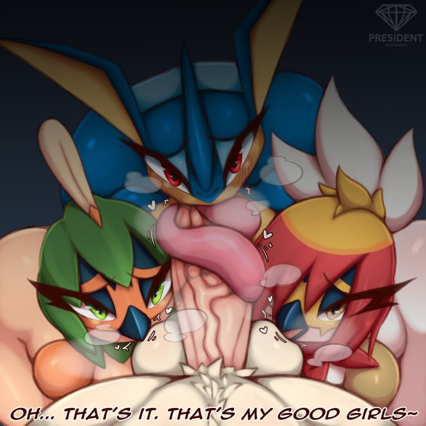 amphibian anthro athletic_female avian breasts decidueye eyelashes fellatio female female_penetrated generation_6_pokemon generation_7_pokemon genitals greninja group group_sex hi_res hisuian_decidueye hisuian_form human human_penetrating light-skinned_male long_tongue male male/female male_penetrating male_penetrating_female nintendo nude oral penetration penile penis pokémon_(species) pokemon pokemon_(species) presialexander president_alexander pupils regional_form_(pokémon) scalie sex text thick_thighs tongue tongue_out tonguejob