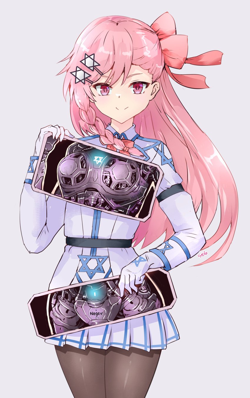 1girls arm_strap barcode barcode_tattoo black_legwear black_stockings blue_light braid braided_hair breasts cable components girls'_frontline internal_view jewish light mechabare mechanical metallic_body negev_(girls_frontline) no_nipples pelvic_line pelvis pink_hair red_eyes ribbon robot robot_girl robot_humanoid robot_joints robotic_arm robotic_genitalia robotic_legs robotic_limbs robotic_reveal serial_number star_of_david transparent_body waist_belt white_gloves white_shirt white_skirt wire x-ray