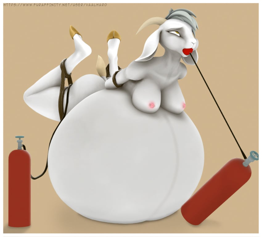 3d_(artwork) air_inflation air_tank anthro belly belly_expansion belly_inflation bondage bondage bound bovid caprine digital_media_(artwork) expansion female gag gagged goat hi_res hose_in_butt hose_in_mouth hose_inflation hyper hyper_inflation immobile inflation laying_on_ground looking_pleasured looking_up lying mammal nipple_piercing nipples on_front piercing rope solo source_filmmaker vaalhard