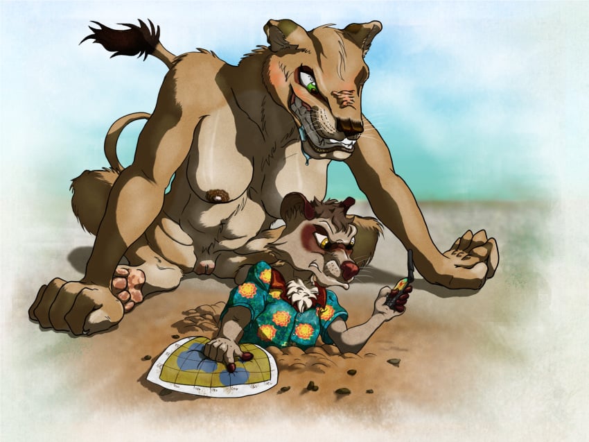 angry anthro breasts brown_nipples cel_shading cellphone dig feline felixspeagel felixthemeerkatspeagel female furry green_eyes grin hawaiian_shirt interspecies labia lion lioness male meerkat nipples phone predator/prey pussy yellow_eyes zebra_print