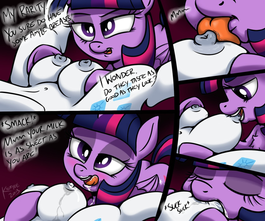 2013 above_average_crotchboobs alicorn big_breasts breast_sucking breasts comic crotchboob crotchboobs cutie_mark duo english_text equine female friendship_is_magic horn horse killryde lactation licking licking_lips milk my_little_pony nipple_pull nipples pony purple_eyes purple_fur rarity_(mlp) sucking text tongue twilight_sparkle_(mlp) white_fur wings yuri