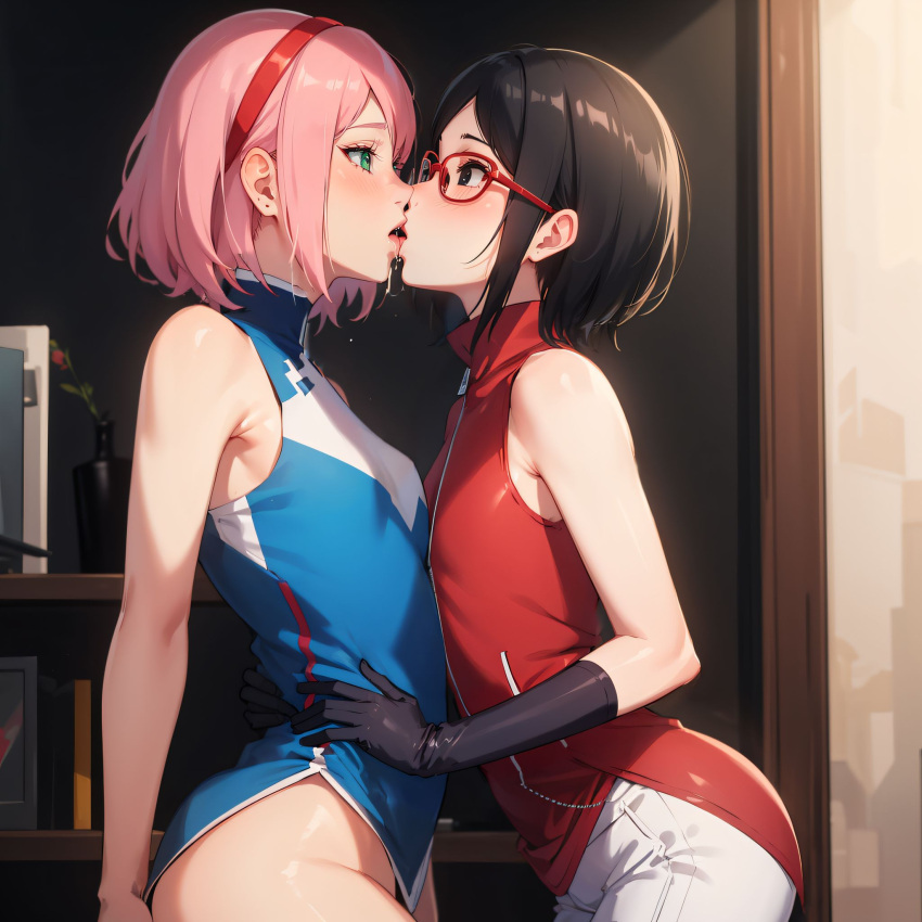 2girls adult age_difference ai_generated black_eyes black_hair blush boruto:_naruto_next_generations bottomless bottomless_female clothed_sex clothing dress eyewear female female/female female_only french_kiss french_kissing glasses green_eyes haruno_sakura incest kissing light-skinned_female light_skin lustai megane milf mother_and_daughter nai_diffusion naruto naruto_(series) older_female older_woman_and_teenage_girl pale-skinned_female pale_skin petite pink_hair sakura_haruno sarada_uchiha shirt side_view sideboob small_breasts stable_diffusion teenager tongue tongue_kiss tongue_out uchiha_sarada younger_female yuri