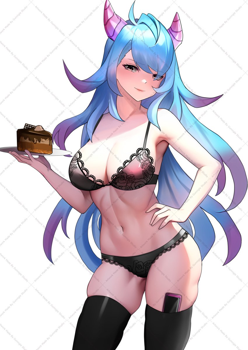 1girls blue_hair cake cake_slice cleavage cygames dragalia_lost dragon dragon_girl dragon_horns female female_only gradient_hair gunnigle hands_on_hips hips large_breasts lingerie mercury_(dragalia_lost) milf nintendo picket_fences_(series) smartphone thighhighs watermark white_background