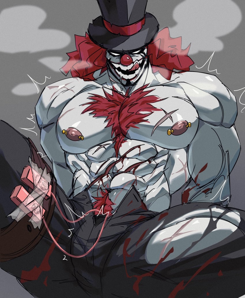 1boy bara bara_tits blood blood_splatter body_scars clown gay identity_v joker_(identity_v) licking_lips slash046 vibrator vibrator_controller vibrator_under_clothes