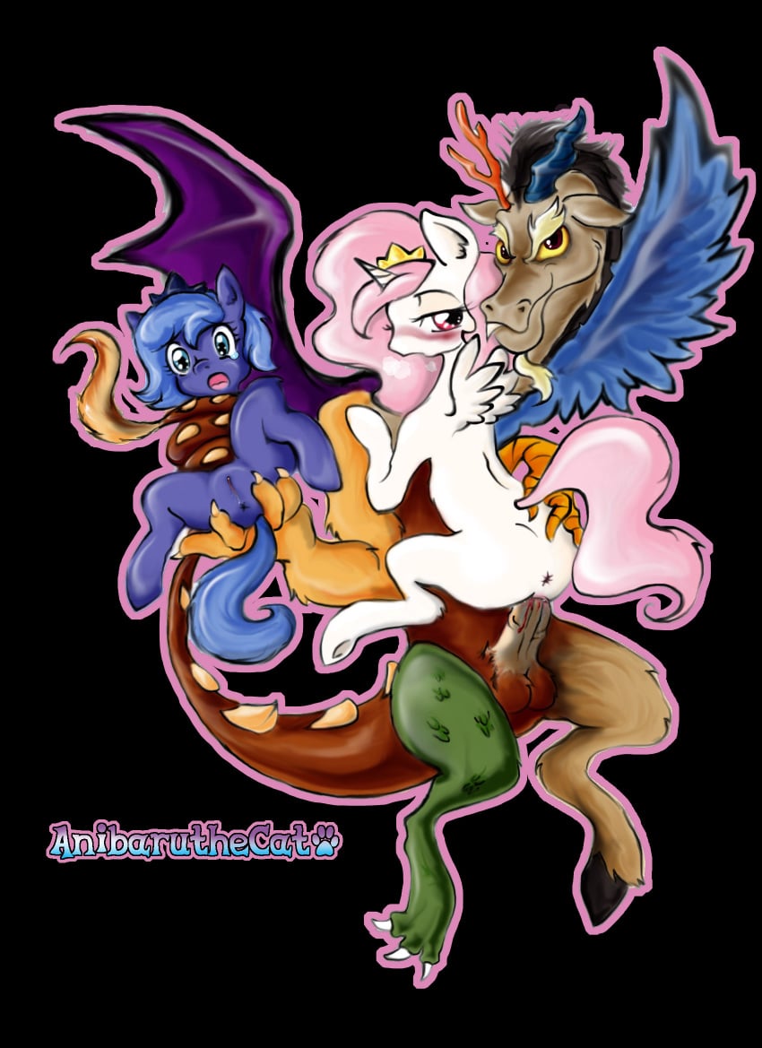 1boy 2013 2girls alicorn anibaruthecat antler balls black_background blood blue_fur blush cutie_mark discord_(mlp) draconequus english_text equine female feral friendship_is_magic group horn horse interspecies male multiple_girls my_little_pony panting penetration penis pink_hair plain_background pony princess princess_celestia_(mlp) princess_luna_(mlp) purple_eyes pussy red_eyes royalty semi_incest sex straight text vaginal_penetration virgin white_fur wings