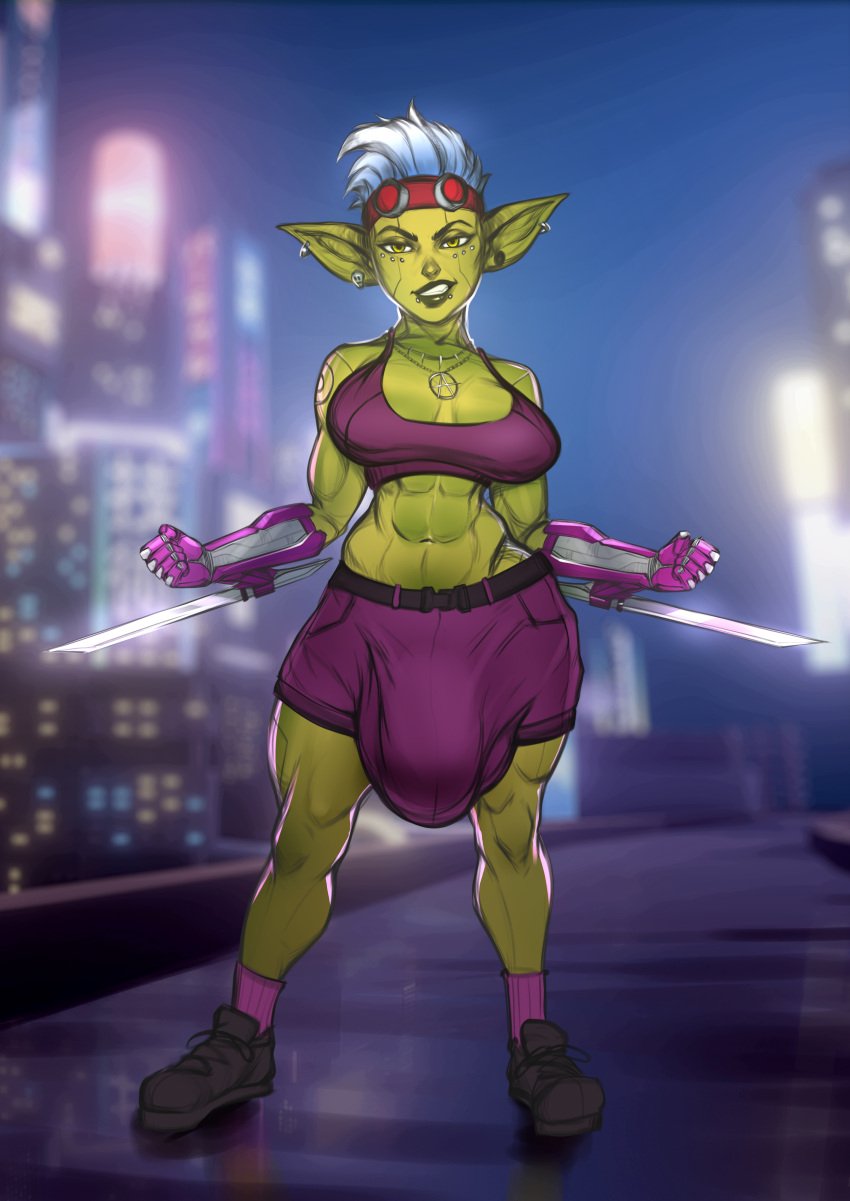 1futa abs arm_blade balls big_breasts big_penis blue_hair breasts bulge bulge_through_clothing clothed clothing cyberpunk_2077 executephase flaccid fully_clothed futa_only futanari goblin goblin_futanari green_skin huge_balls huge_cock humanoid humanoid_penis nipple_piercing oc original original_character penis piercing presenting purple_clothing shanx_(ashymor) short_hair smile smiling solo solo_futa standing toned toned_body toned_futa toned_stomach warcraft weapon world_of_warcraft wow