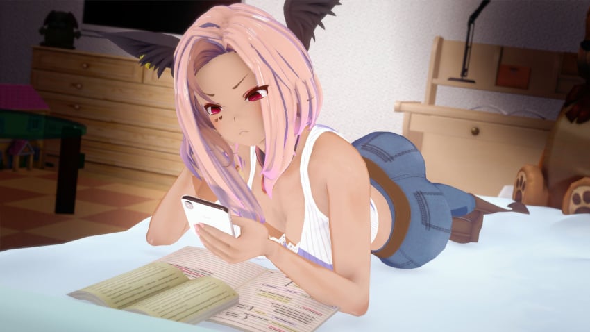 1girls 3d annoyed ass bra cellphone cleavage clothed female frown indie_virtual_youtuber jeans jungee pink_hair solo tagme trickywi virtual_youtuber