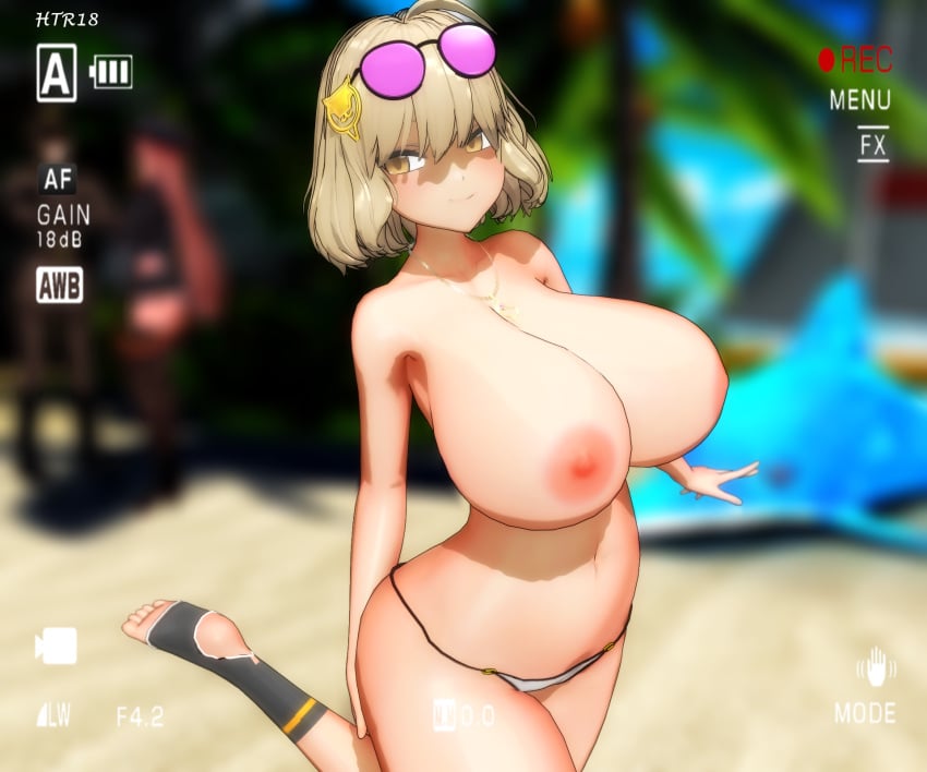 1boy 2girls 3d ahoge anis_(nikke) anis_(sparkling_summer)_(nikke) artist_name bare_shoulders beach big_breasts blonde_hair blush bob_cut breasts breasts_out camera_view commander_(nikke) depth_of_field female female_focus floatie goddess_of_victory:_nikke htr18 leg_up light-skinned_female micro_bikini navel necklace official_alternate_costume palm_tree rapi_(nikke) recording smile socks sunglasses sunglasses_on_head swimsuit tree yellow_eyes