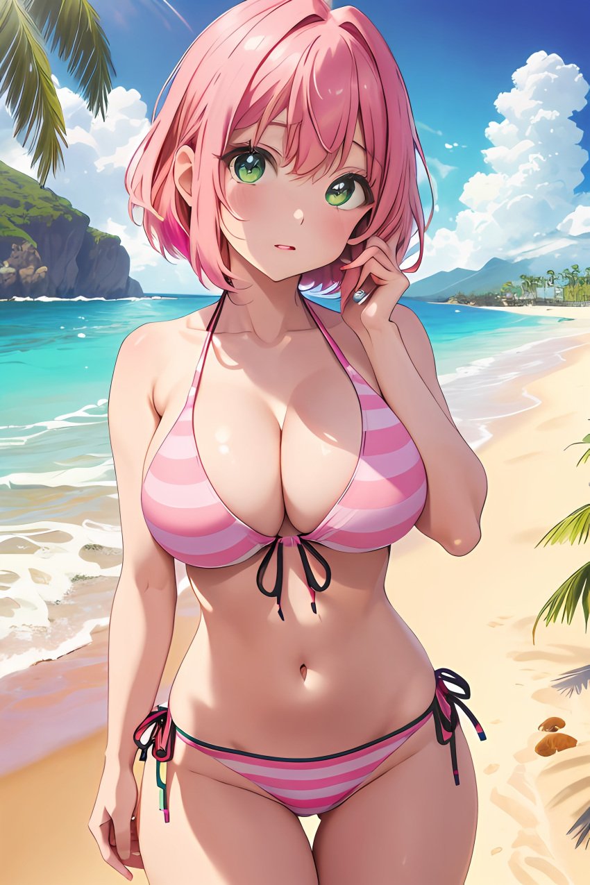 100_kanojo 1girls ai_generated bangs beach big_breasts bikini bikini_bottom bikini_top blush blush breasts cleavage clouds curvy curvy_body curvy_female curvy_figure embarrassed female female_focus female_only green_eyes hanazono_hakari kimi_no_koto_ga_dai_dai_dai_dai_daisuki_na_100-nin_no_kanojo looking_at_viewer navel outdoors outside pink_hair short_hair skinny skinny_female skinny_girl small_waist the_100_girlfriends_who_really_really_really_really_really_love_you thick_thighs thigh_gap thighs upper_body