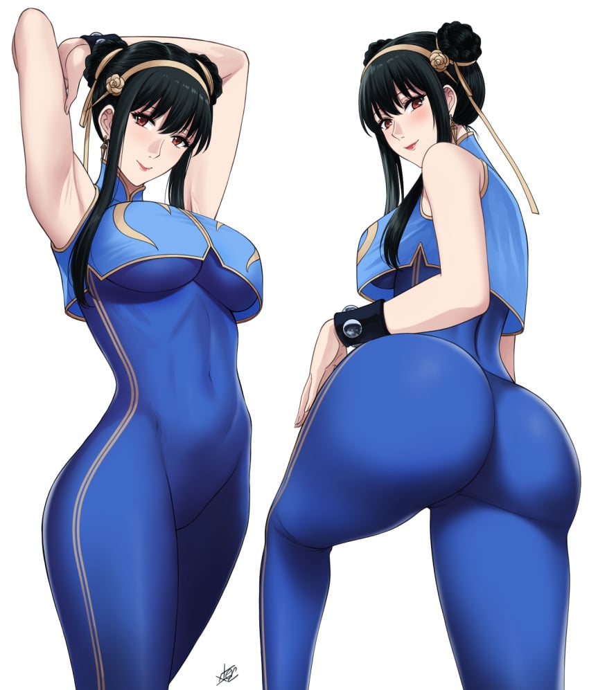 1girls armpit_crease armpits arms_up ass bare_armpits bare_hands bare_shoulders big_ass big_breasts big_butt black_hair black_hair_female blue_bodysuit blue_unitard bodysuit bracelet breasts butt capcom chinese_clothes chun-li chun-li_(cosplay) closed_mouth commentary cosplay covered_navel crossover dat_ass double_bun ear_piercing ear_ring earring earrings female female_only from_behind fully_clothed gold_earrings gold_hairband hair_bun hairband hairless_armpits highres hourglass_figure huge_ass huge_breast huge_breasts huge_butt jewelry large_ass large_breasts large_butt legs light_blush long_hair long_hair_female looking_at_viewer looking_back massive_breasts multiple_views navel_visible_through_clothes red_eyes red_eyes_female red_lips sidelocks signature simple_background skin_tight sleeveless sleeveless_bodysuit smile solo solo_female spandex spy_x_family standing street_fighter street_fighter_alpha studded_bracelet thick_ass thick_legs thick_thighs thighs thorn_princess unitard white_background xter xtermination yor_briar yor_forger