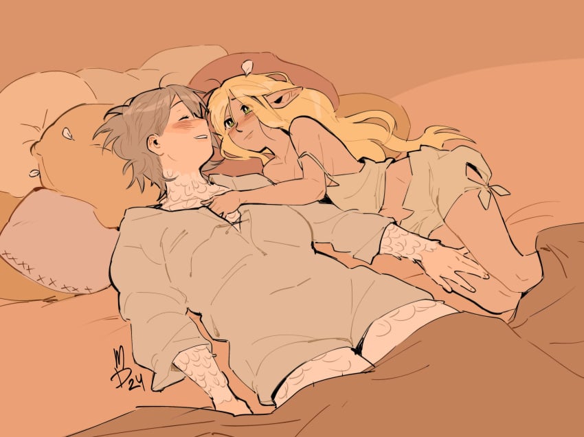 2girls absurd_res artist_signature bed bed_sheet blonde_hair blush breasts color cuddling dated delicious_in_dungeon dungeon_meshi elf_ears elf_female falin_touden feathers fully_clothed green_eyes half-elf hand_on_another&#039;s_chest hand_on_another&#039;s_leg hand_under_clothes hand_under_shirt highres in_bed long_hair looking_at_partner lying lying_on_back lying_on_bed lying_on_side marcille_donato mmmmuda orange_background pajamas partially_clothed pointy_ears romantic romantic_couple shirt_down short_hair sideboob small_breasts smile tan_background under_covers watermark wholesome yuri