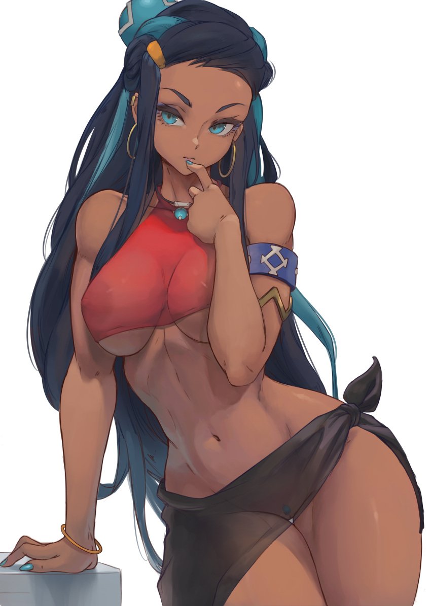 1girls abs alternate_breast_size black_hair blue_eyes breasts dark-skinned_female dark_skin easy_access female game_freak gym_leader hi_res large_breasts lesottart long_hair nessa_(pokemon) nintendo no_bra no_panties pokemon pokemon_ss simple_background toned