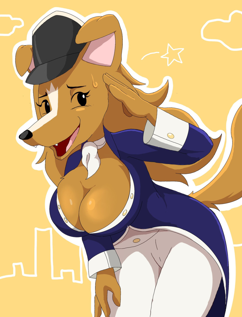 1girls 2023 2023s 2d 2d_(artwork) 2d_artwork anthro big_breasts bird_dog blue_clothing blue_coat blue_topwear bottomwear breasts canid canine canis cleavage clothed clothing coat cocker_spaniel debruff_sampson digital_media_(artwork) domestic_dog eyelashes female female_focus female_only furry furry_female gesture hand_on_leg hand_on_thigh hat headgear headwear hi_res hunting_dog mammal nervous nervous_smile nervous_sweat pants pups_of_liberty salute solo spaniel star tagme tail tight_bottomwear tight_clothing topwear uniform white_bottomwear white_clothing white_pants zebra10045