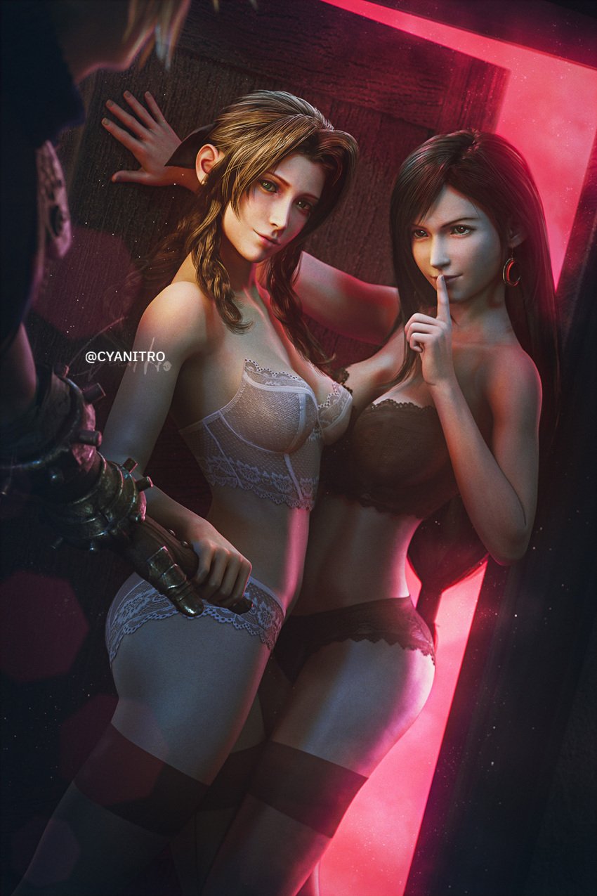 1boy 2girls 3d aerith_gainsborough ass ass big_ass big_breasts big_butt black_hair bracelet breasts breasts brown_hair cloud_strife cyanitro eyes female ffm_threesome final_fantasy final_fantasy_vii final_fantasy_vii_remake hair indoors light-skinned_female light_skin lingerie long_hair looking_at_partner male seductive stockings thigh_highs thighhighs thighs threesome tifa_lockhart unseen_male_face