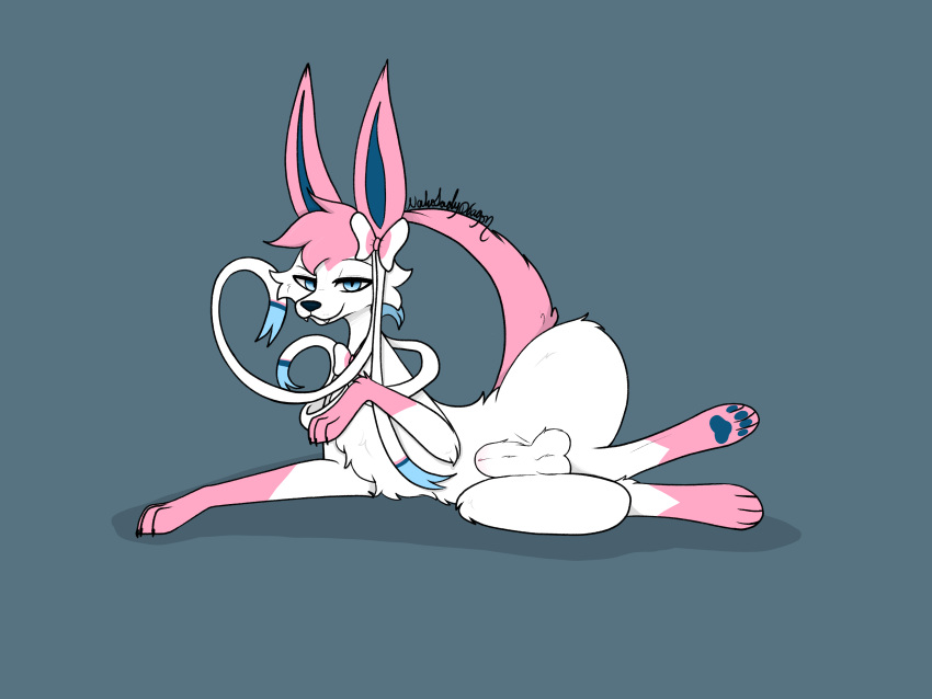 absurd_res blue_background canid canine eeveelution feral fox generation_6_pokemon genitals hi_res knot lying male mammal monotone_background naholadydragon nintendo paws penis pokemon pokemon_(species) simple_background solo sylveon tagme