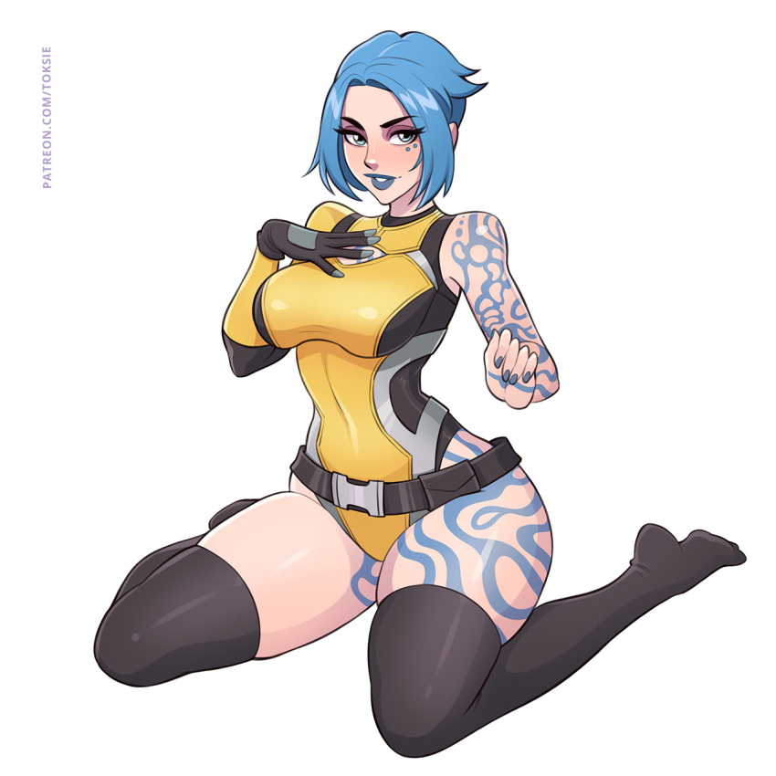 1girls 2023 black_thighhighs blue_eyes blue_hair blue_lips borderlands borderlands_2 female female_only fully_clothed kneeling leotard looking_at_viewer maya_(borderlands) seiza smiling smiling_at_viewer solo stockings tattooed_arm tattooed_leg thick_thighs thigh_squish thighhighs tight_clothing toksie white_background